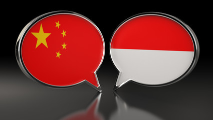 China and Indonesia flags with Speech Bubbles. 3D Illustration