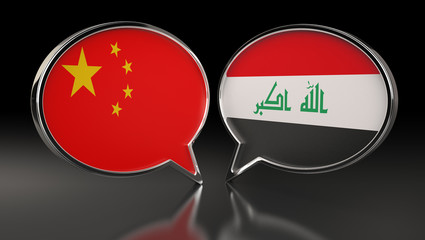 China and Iraq flags with Speech Bubbles. 3D Illustration