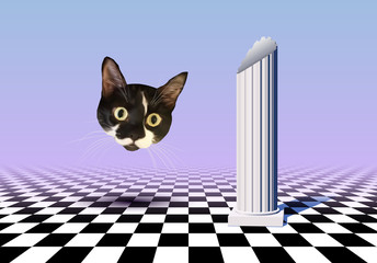 Vaporwave styled landscape with checkered floor, ancient column and cat head