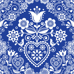 Seamless folk art vector pattern with birds and flowers, Scandinavian or Nordic in navy blue and white repetitive floral design