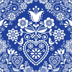 Fotobehang Blauw wit Naadloos volkskunst vectorpatroon met vogels en bloemen, Scandinavisch of Noords in marineblauw en wit repetitief bloemdessin