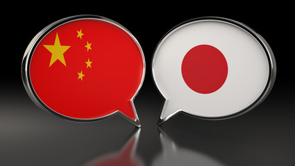 China and Japan flags with Speech Bubbles. 3D Illustration