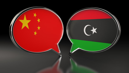 China and Libya flags with Speech Bubbles. 3D Illustration