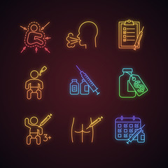 Vaccination and immunization neon light icons set