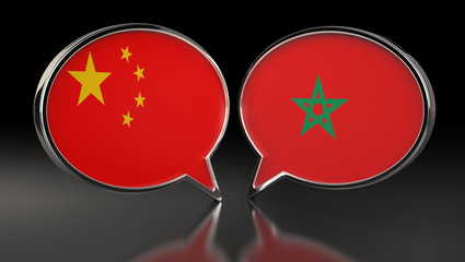 China and Morocco flags with Speech Bubbles. 3D Illustration