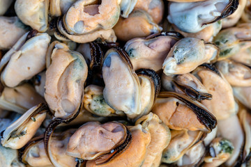 Peeled sea mussels at street market in Thailand. Seafood concept. Raw mussels for cooking, closeup
