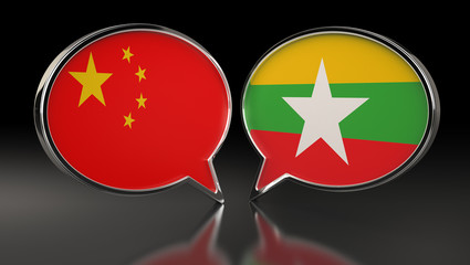 China and Myanmar flags with Speech Bubbles. 3D Illustration