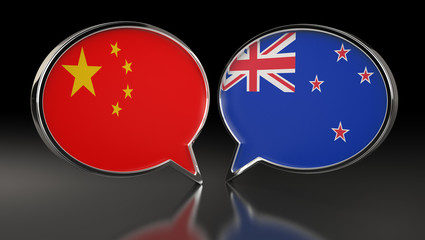 China and New Zealand flags with Speech Bubbles. 3D Illustration