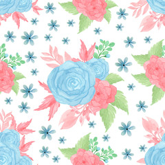 seamless pattern with blue roses and pink succulent