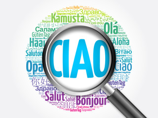 Ciao (Hello Greeting in Italian) word cloud with magnifying glass in different languages of the...