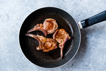 Fried Lamb Chops in Pan. Grilled and Sauteed
