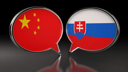China and Slovakia flags with Speech Bubbles. 3D Illustration