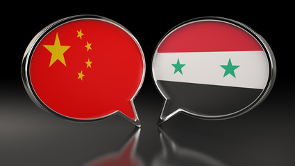 China and Syria flags with Speech Bubbles. 3D Illustration