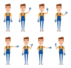 Set of auto mechanic characters showing different hand gestures. Cheerful worker showing thumb up, pointing up, this way, greeting, waving, victory hand. Flat style vector illustration