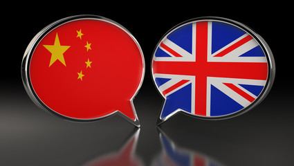 China and United Kingdom flags with Speech Bubbles. 3D Illustration
