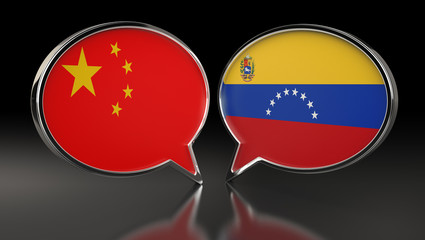 China and Venezuelan flags with Speech Bubbles. 3D Illustration