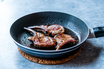 Fried Lamb Chops in Pan. Grilled and Sauteed