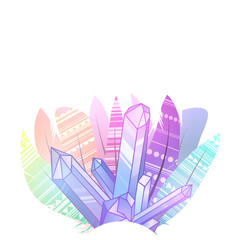 Multicolored boho feathers of birds with decoration, crystal and a place for the text on white background. Vector magic template for greeting cards, invitations and your creativity