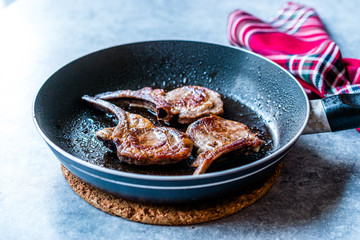 Fried Lamb Chops in Pan. Grilled and Sauteed