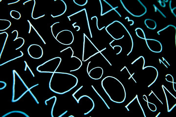 Background of numbers. from zero to nine. Numbers texture. Currency symbols. Numerology....