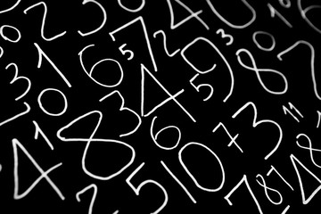 Background of numbers. from zero to nine. Numbers texture. Currency symbols. Numerology. Mathematical equations and formulas