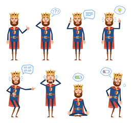 Set of king characters posing in different situations. Cheerful king thinking, talking on phone, pointing up, laughing, crying, meditating, tired. Flat style vector illustration