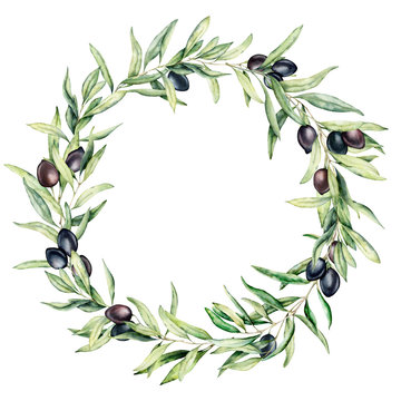 Watercolor Wreath With Black Olive Berries And Leaves. Hand Painted Floral Border With Olive Fruit And Tree Branches With Leaves Isolatedon White Background. For Design, Print And Fabric.