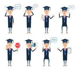 Set of graduate student characters posing in different situations. Cheerful graduate talking to phone, thinking, angry, holding loudspeaker, diploma, stop sign. Flat vector illustration