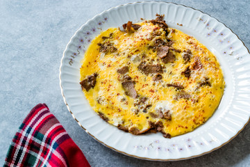 Omelette with Meat Kavurma for Turkish Breakfast.