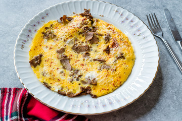 Omelette with Meat Kavurma for Turkish Breakfast.