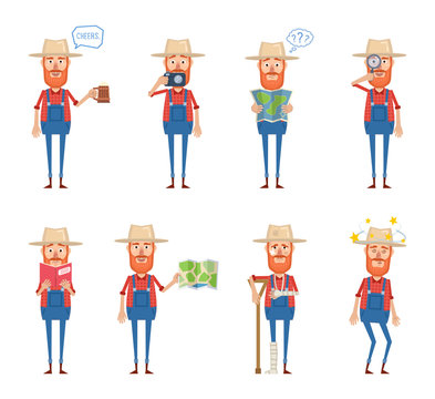 Set of old farmer characters posing in different situations. Cheerful farmer holding mug of beer, photo camera, map, magnifier, reading a book, injured, dizzy. Flat style vector illustration