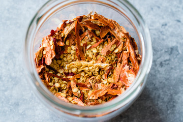 Dried Chili Pepper Flakes and Seeds in Glass Bowl.