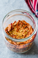 Dried Chili Pepper Flakes and Seeds in Glass Bowl.