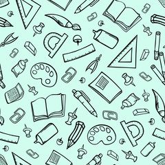cartoon monotone stationery Seamless background for teaching Items necessary for the student Graphic stationery doodle