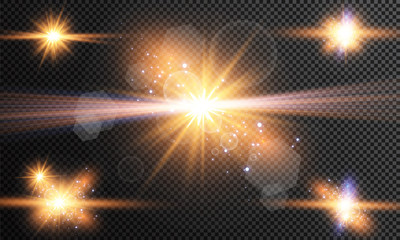 Glow light effect. Vector illustration. Christmas flash Concept. Vector illustration of abstract flare light rays. A set of stars, light and radiance, rays and brightness. Glow light effect.