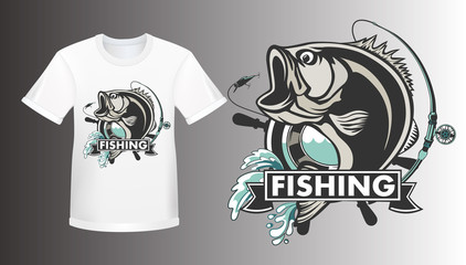 Fishing bass shirt mockup logo. Bass fish with rod club emblem. Fishing theme illustration. Fish Isolated on white.