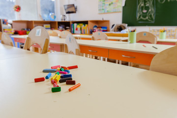 Room in elementary school, interior with light wooden furniture and learning aids on the walls. Pencils on the tables. No one, the children went for a walk