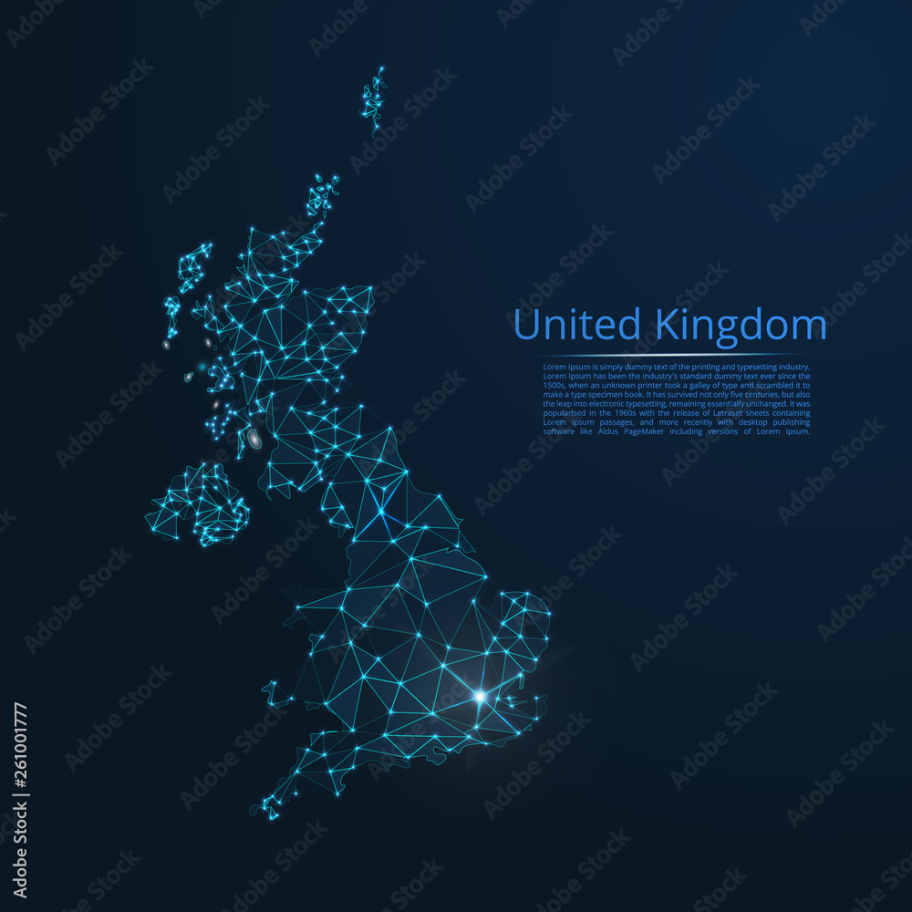 Poster united kingdom communication network map. vector low poly image of a global map with lights in the f