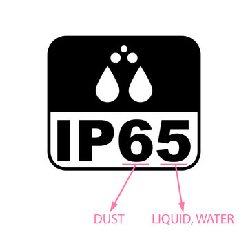 IP65 protection certificate standard icon. Water and dust or solids resistant protected symbol. Vector illustration.
