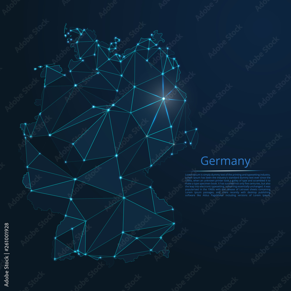 Poster germany communication network map. vector low poly image of a global map with lights in the form of 