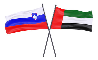 Slovenia and UAE, two crossed flags isolated on white background. 3d image