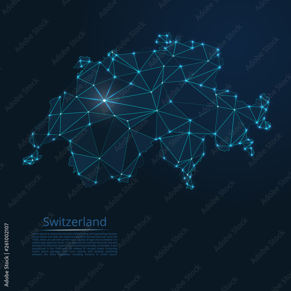Poster switzerland communication network map. vector low poly image of a global map with lights in the form