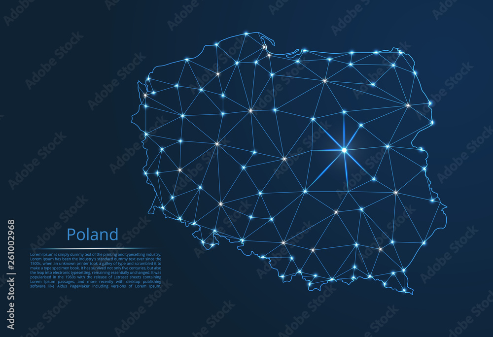 Poster poland communication network map. vector low poly image of a global map with lights in the form of c