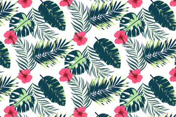 Tropical Hibiscus White Background Vector Pattern