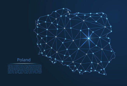Fototapeta Poland communication network map. Vector low poly image of a global map with lights in the form of cities in or population density consisting of points and shapes in the form of stars and space.