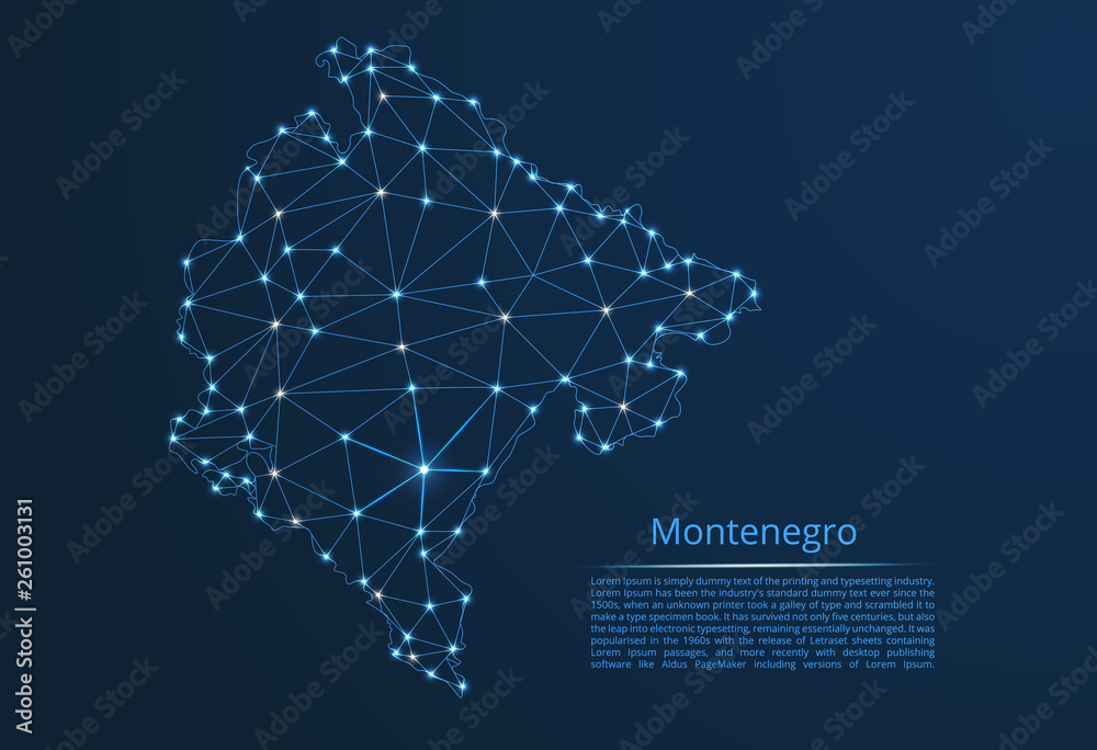 Poster montenegro communication network map. vector low poly image of a global map with lights in the form 