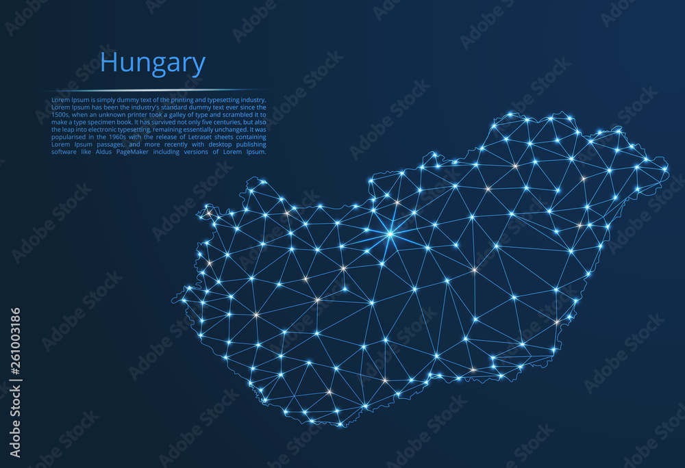 Poster hungary communication network map. vector low poly image of a global map with lights in the form of 