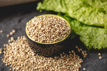 Organic food cereals green buckwheat. Vegan nutritious and healthy product. Concept of products for health care