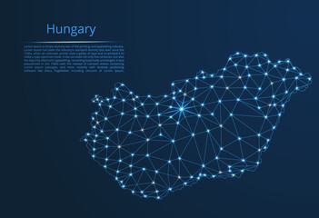 Hungary communication network map. Vector low poly image of a global map with lights in the form of cities in or population density consisting of points and shapes in the form of stars and space.