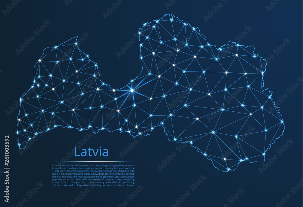 Poster latvia communication network map. vector low poly image of a global map with lights in the form of c